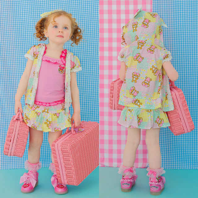 【3/22入荷】アースマジック EARTHMAGIC パッチワーク総柄半袖ジップフーディー ビビッド パステル マフィー クマ耳フード 2022春夏