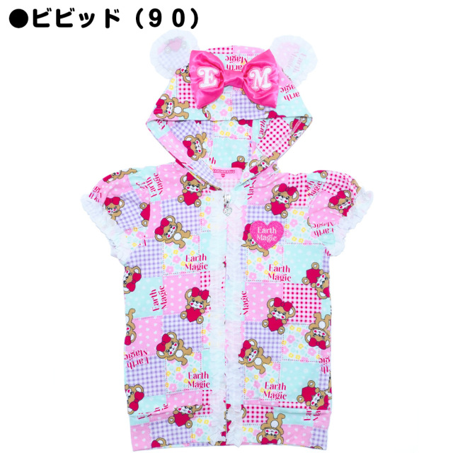 【3/22入荷】アースマジック EARTHMAGIC パッチワーク総柄半袖ジップフーディー ビビッド パステル マフィー クマ耳フード 2022春夏