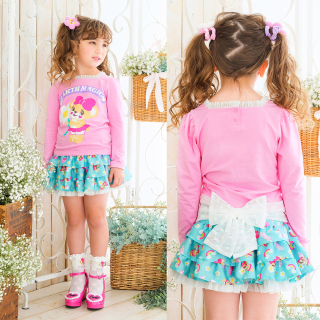 アースマジック EARTHMAGIC デイジーマフィープリント スクエアネックバックリボン長袖Tシャツ クロ ペールピンク ラベンダー 2022春夏