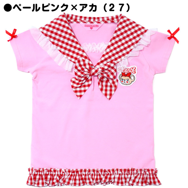 アースマジック EARTHMAGIC ギンガムチェックセーラーカラーTシャツ ペールピンク×アカ エメグリ×ペールピンク マフィー