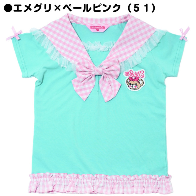 アースマジック EARTHMAGIC ギンガムチェックセーラーカラーTシャツ ペールピンク×アカ エメグリ×ペールピンク マフィー