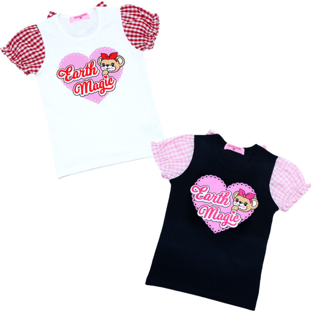 アースマジック Earthmagic ギンガムチェック袖バックリボンtシャツ シロ アカ クロ ペールピンク マフィー パフスリーブ 異素材mix 22春夏