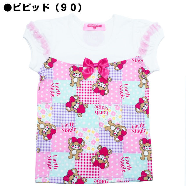 【3/22入荷】アースマジック EARTHMAGIC パッチワーク総柄切替Tシャツ ビビッド パステル マフィー パフスリーブ 2022春夏