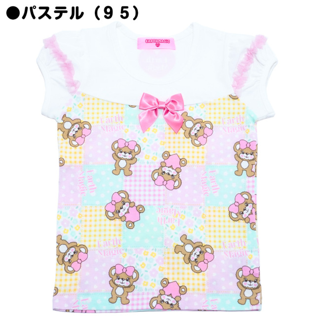 【3/22入荷】アースマジック EARTHMAGIC パッチワーク総柄切替Tシャツ ビビッド パステル マフィー パフスリーブ 2022春夏