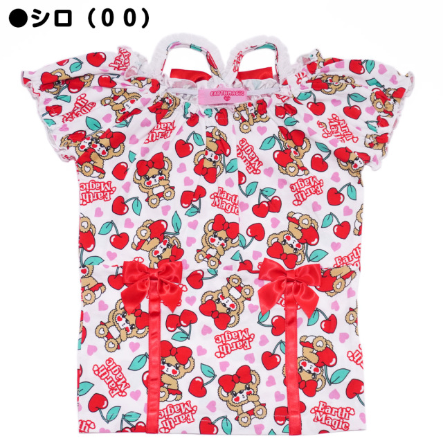 アースマジック EARTHMAGIC チェリーマフィー総柄肩紐パフスリーブTシャツ シロ ペールピンク ウエスト切り替え チュールフリル 2022春夏