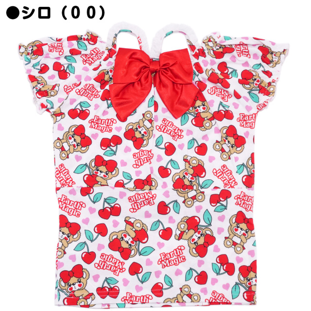 アースマジック EARTHMAGIC チェリーマフィー総柄肩紐パフスリーブTシャツ シロ ペールピンク ウエスト切り替え チュールフリル 2022春夏