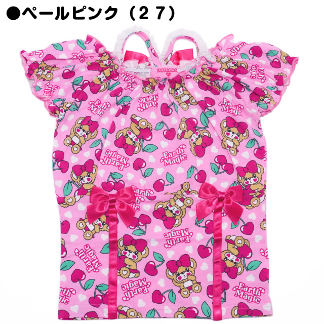 アースマジック EARTHMAGIC チェリーマフィー総柄肩紐パフスリーブTシャツ シロ ペールピンク ウエスト切り替え チュールフリル 2022春夏