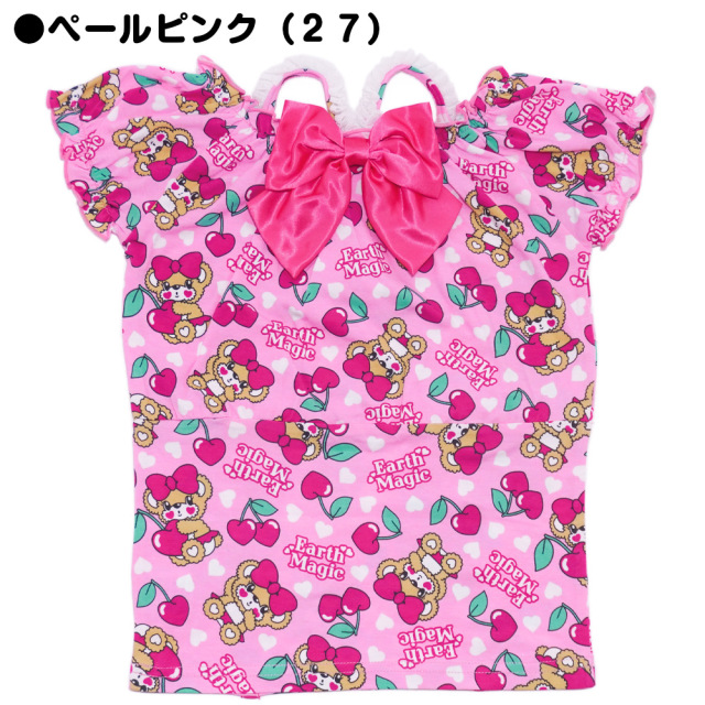 アースマジック EARTHMAGIC チェリーマフィー総柄肩紐パフスリーブTシャツ シロ ペールピンク ウエスト切り替え チュールフリル 2022春夏