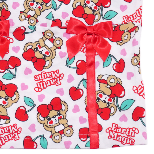 アースマジック EARTHMAGIC チェリーマフィー総柄肩紐パフスリーブTシャツ シロ ペールピンク ウエスト切り替え チュールフリル 2022春夏
