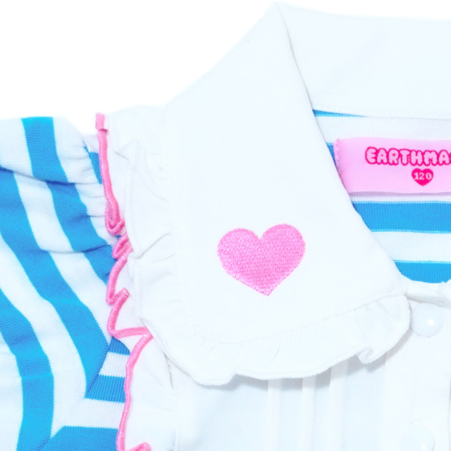 アースマジック EARTHMAGIC ハート刺繍襟付きボーダーTシャツ ペールピンク ブルー マフィー ヨークフリル  2022春夏