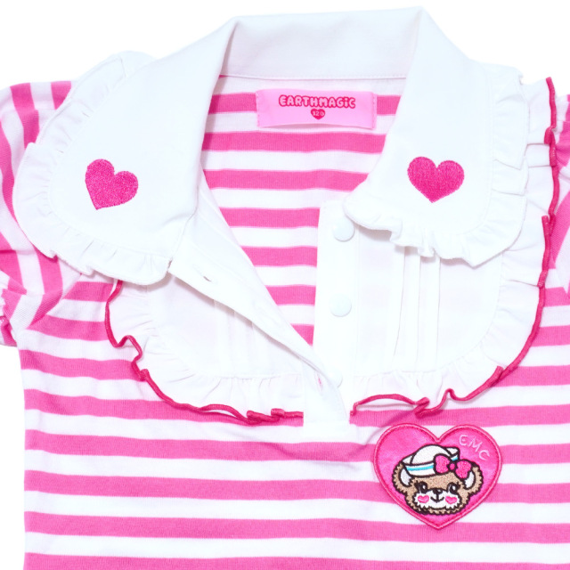 アースマジック EARTHMAGIC ハート刺繍襟付きボーダーTシャツ ペールピンク ブルー マフィー ヨークフリル  2022春夏