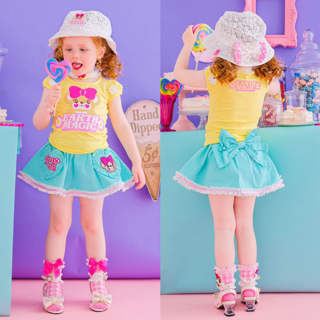 アースマジック EARTHMAGIC フラワーレースチョーカー付きTシャツ シロ ペールピンク クリームイエロー マフィー 2022春夏