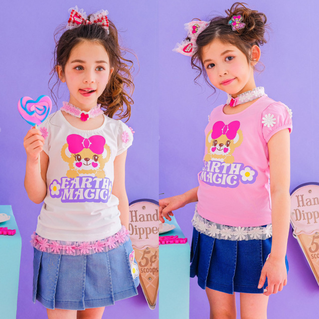 アースマジック EARTHMAGIC フラワーレースチョーカー付きTシャツ シロ ペールピンク クリームイエロー マフィー 2022春夏