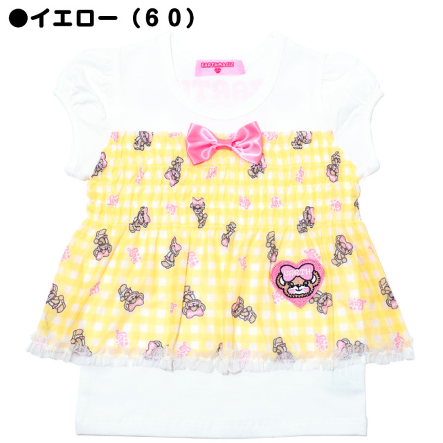アースマジック EARTHMAGIC ギンガムチェックマフィー柄チュール重ね着風Tシャツ ピンク イエロー パフスリーブ レイヤード 2022春夏