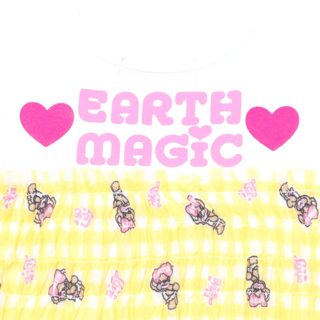 アースマジック EARTHMAGIC ギンガムチェックマフィー柄チュール重ね着風Tシャツ ピンク イエロー パフスリーブ レイヤード 2022春夏