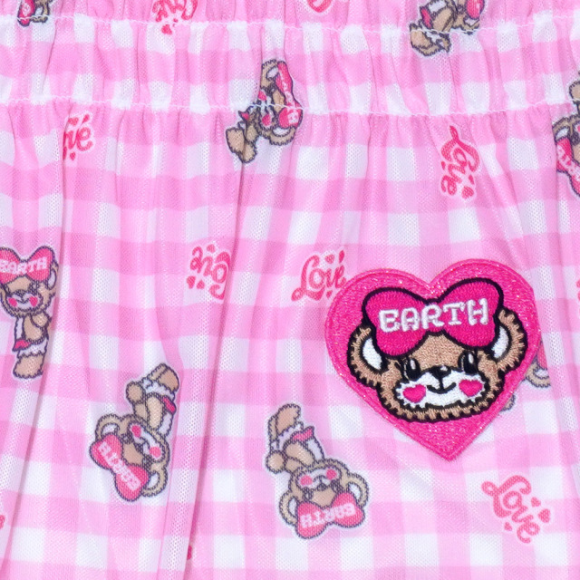 アースマジック EARTHMAGIC ギンガムチェックマフィー柄チュール重ね着風Tシャツ ピンク イエロー パフスリーブ レイヤード 2022春夏