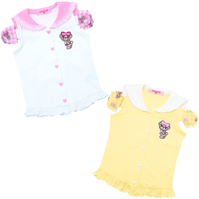 アースマジック Earthmagic ギンガムチェックマフィー柄チュールリボン袖肩あきセーラーtシャツ シロ