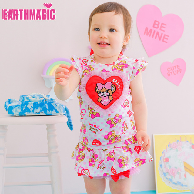 アースマジックベビー EARTHMAGIC BABY ラブアンドマフィー総柄 フロントハートTシャツ ペールピンク エメグリ 袖フリル 2022春夏