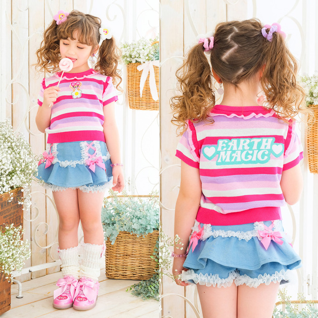 アースマジック EARTHMAGIC ボーダーニット半袖プルオーバー ピンク マルチパステル デイジーマフィー 2022春夏