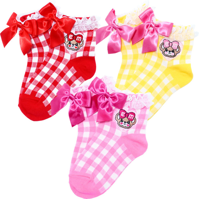 アースマジック Earthmagic ギンガムチェックマフィー柄ショートソックス アカ ピンク イエロー 靴下 刺繍入り 22春夏