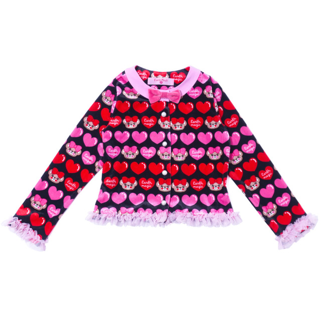 アースマジック EARTHMAGIC マフィーハート柄ベロアカーディガン クロ ペールピンク パール釦 チュールフリル 2022秋冬