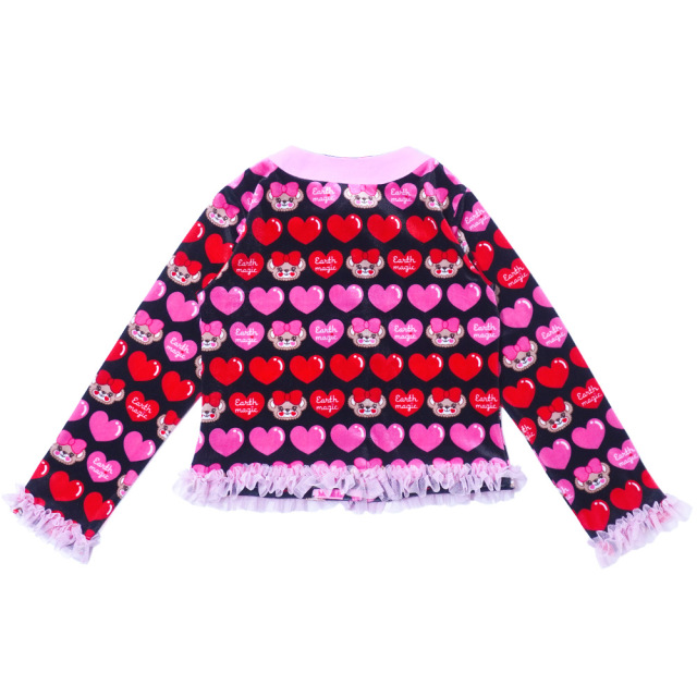 アースマジック EARTHMAGIC マフィーハート柄ベロアカーディガン クロ ペールピンク パール釦 チュールフリル 2022秋冬