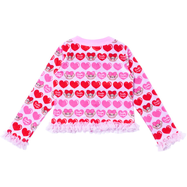 アースマジック EARTHMAGIC マフィーハート柄ベロアカーディガン クロ ペールピンク パール釦 チュールフリル 2022秋冬