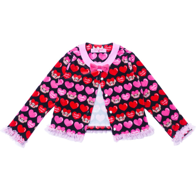 アースマジック EARTHMAGIC マフィーハート柄ベロアカーディガン クロ ペールピンク パール釦 チュールフリル 2022秋冬