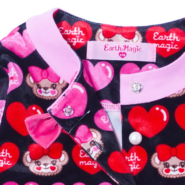 アースマジック EARTHMAGIC マフィーハート柄ベロアカーディガン クロ ペールピンク パール釦 チュールフリル 2022秋冬