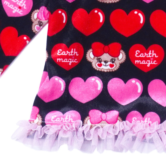 アースマジック EARTHMAGIC マフィーハート柄ベロアカーディガン クロ ペールピンク パール釦 チュールフリル 2022秋冬