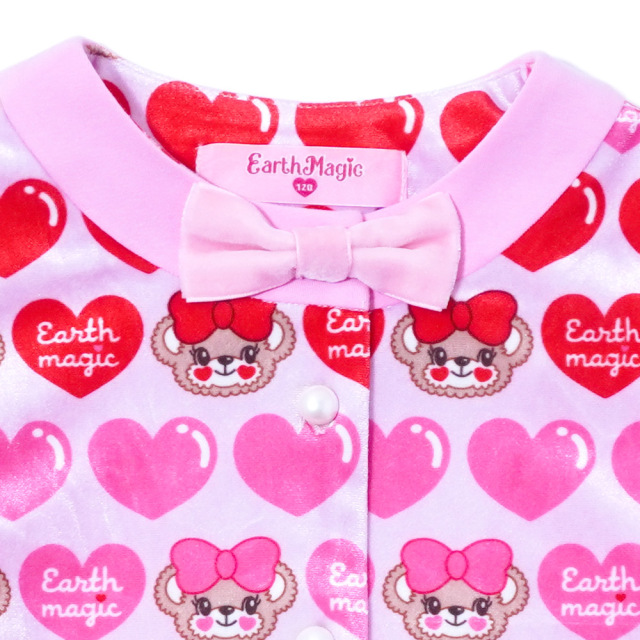 アースマジック EARTHMAGIC マフィーハート柄ベロアカーディガン クロ ペールピンク パール釦 チュールフリル 2022秋冬