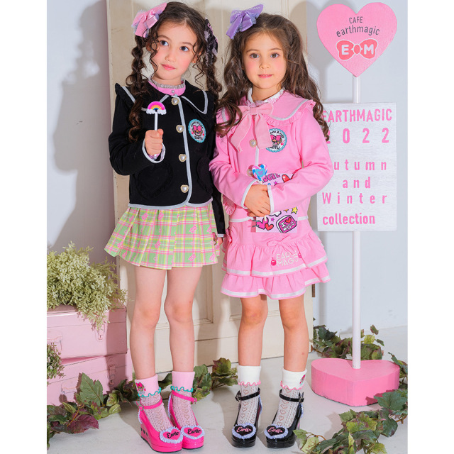 アースマジック EARTHMAGIC ポンチ生地パイピングクマ耳ジャケット クロ ペールピンク フォーマル パール釦 マフィー 2022秋冬