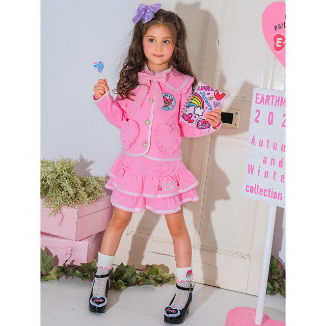 アースマジック EARTHMAGIC ポンチ生地パイピングクマ耳ジャケット クロ ペールピンク フォーマル パール釦 マフィー 2022秋冬