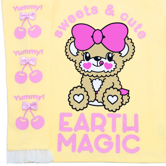 アースマジック EARTHMAGIC 袖チェリーリボンベア天竺長袖Tシャツ シロ ペールピンク クリームイエロー 2022秋冬