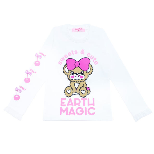 アースマジック EARTHMAGIC 袖チェリーリボンベア天竺長袖Tシャツ シロ ペールピンク クリームイエロー 2022秋冬