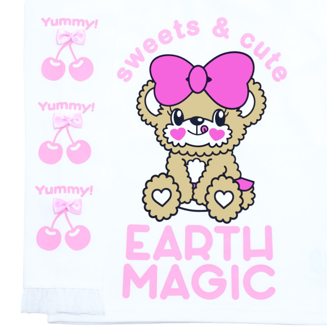 アースマジック EARTHMAGIC 袖チェリーリボンベア天竺長袖Tシャツ シロ ペールピンク クリームイエロー 2022秋冬