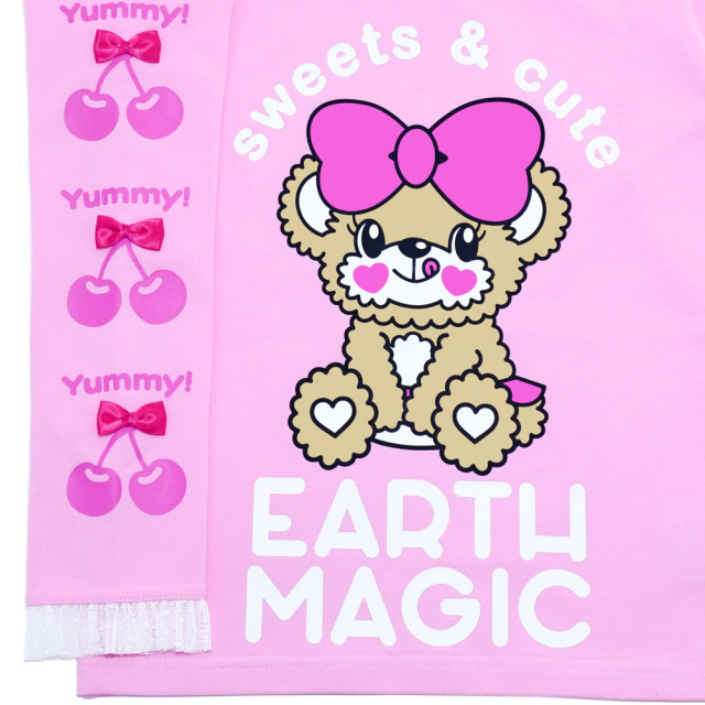 アースマジック EARTHMAGIC 袖チェリーリボンベア天竺長袖Tシャツ シロ ペールピンク クリームイエロー 2022秋冬