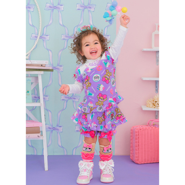 アースマジック EARTHMAGIC Cafe総柄ハイネック長袖Tシャツ ペールピンク ラベンダー ベビーサイズ レイヤード 2022秋冬