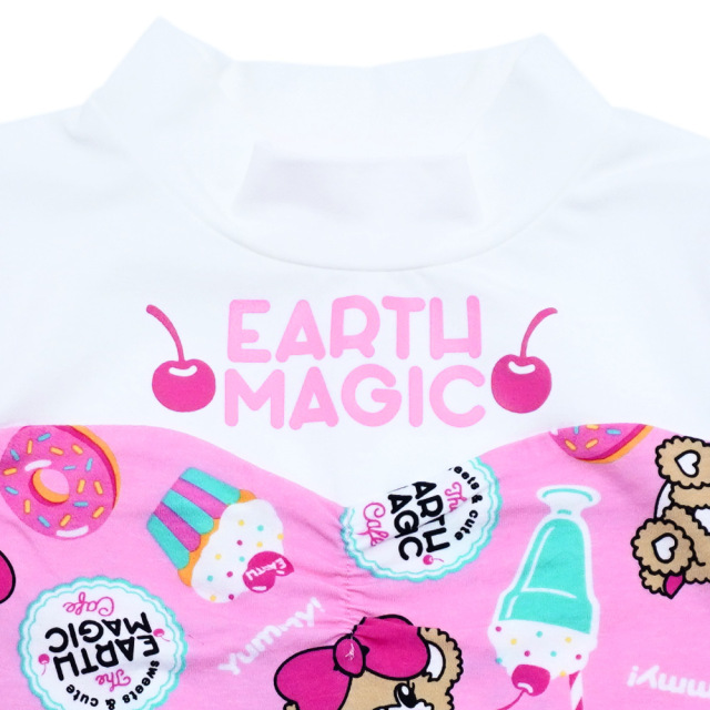 アースマジック EARTHMAGIC Cafe総柄ハイネック長袖Tシャツ ペールピンク ラベンダー ベビーサイズ レイヤード 2022秋冬