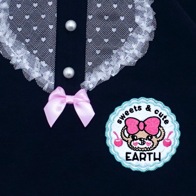 アースマジック EARTHMAGIC フロントレースハートベア天竺長袖Tシャツ クロ ペールピンク ラベンダー パール釦 マフィー 2022秋冬