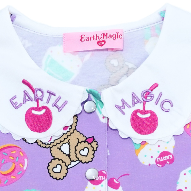 アースマジック EARTHMAGIC Cafe総柄襟付き半袖Tシャツ ペールピンク ラベンダー ベビーサイズ パフスリーブ マフィー 刺繍 2022秋冬