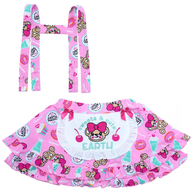 アースマジック EARTHMAGIC Cafe総柄エプロン付きジャンパースカート ペールピンク ラベンダー マフィー ジャンスカ 2022秋冬