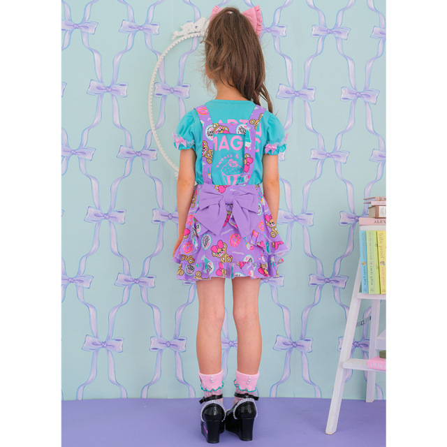 アースマジック EARTHMAGIC Cafe総柄エプロン付きジャンパースカート ペールピンク ラベンダー マフィー ジャンスカ 2022秋冬