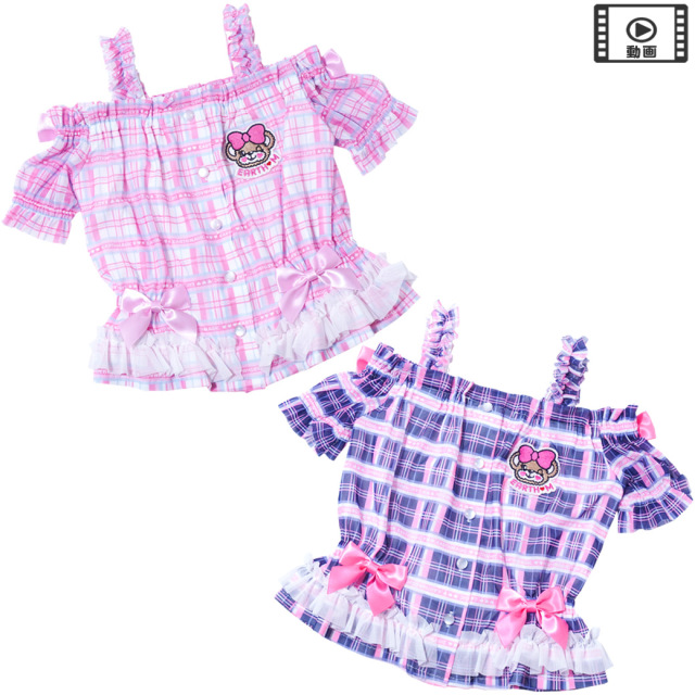 アースマジック EARTHMAGIC タータンチェック柄チュールオフショルダーブラウス シロ ネイビー マフィー 半袖 2023春夏