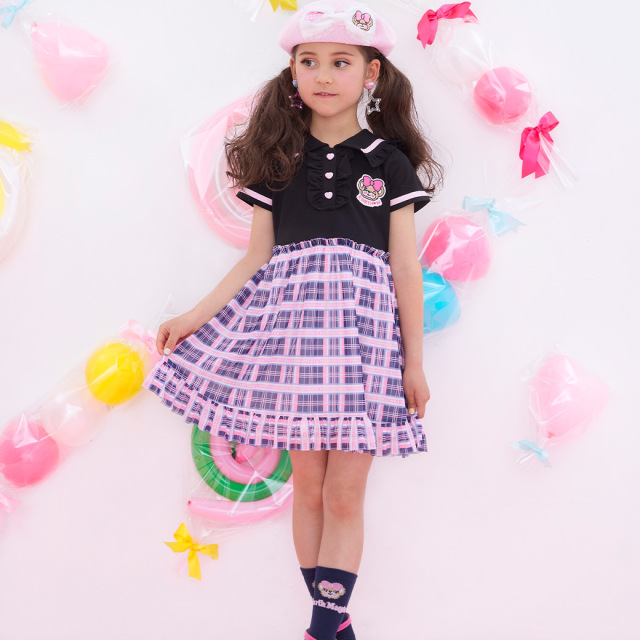 アースマジック EARTHMAGIC バックリボン襟付きドッキングチュールワンピース クロ×ネイビー エメグリ×シロ マフィー 半袖 2023春夏