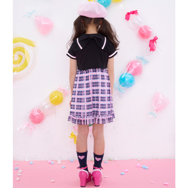 アースマジック EARTHMAGIC バックリボン襟付きドッキングチュールワンピース クロ×ネイビー エメグリ×シロ マフィー 半袖 2023春夏