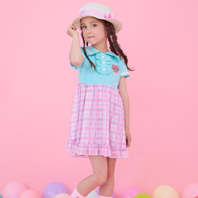 アースマジック EARTHMAGIC バックリボン襟付きドッキングチュールワンピース クロ×ネイビー エメグリ×シロ マフィー 半袖 2023春夏