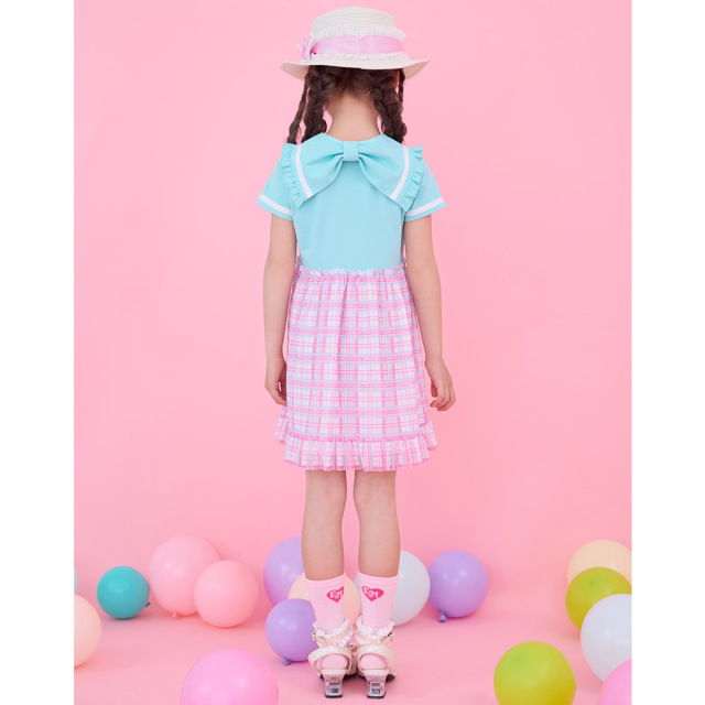 アースマジック EARTHMAGIC バックリボン襟付きドッキングチュールワンピース クロ×ネイビー エメグリ×シロ マフィー 半袖 2023春夏