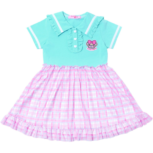 アースマジック EARTHMAGIC バックリボン襟付きドッキングチュールワンピース クロ×ネイビー エメグリ×シロ マフィー 半袖 2023春夏