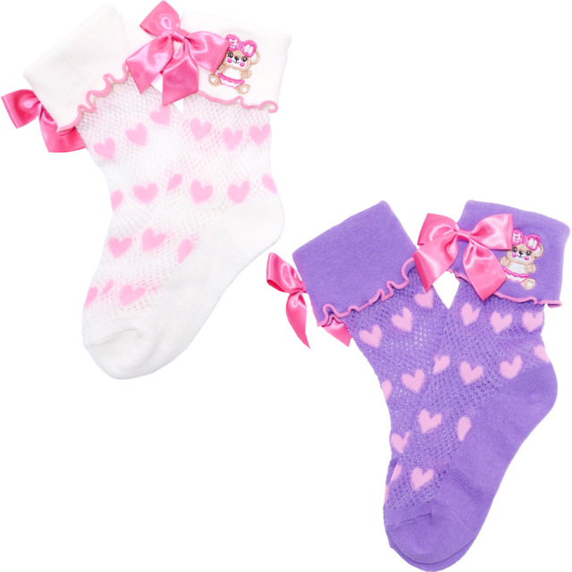 アースマジック EARTHMAGIC メッシュ折り返しクルーソックス シロ ラベンダー ハート柄 マフィー 刺繍 靴下 日本製 2023春夏